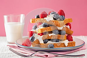 French toasts with creme fraiche and berries for breakfast