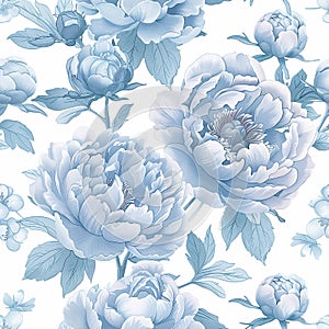 french toile pattern of beautiful light blue peony flowers