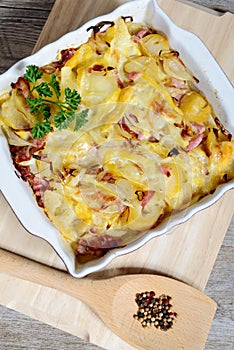 French traditional potato gratin tartiflette of Savoie