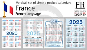 French vertical set of pocket calendar for 2025. Week starts Monday