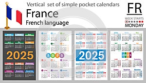French vertical set of pocket calendar for 2025. Week starts Monday