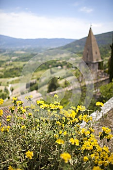 French village/church view with flowers, provence,
