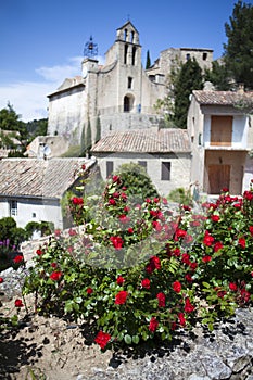 French village/church view with flowers, provence,