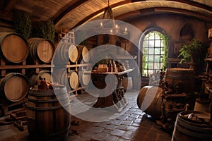 french vineyard wine cellar with oak casks