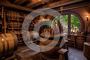 french vineyard wine cellar with oak casks