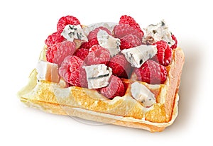 French waffles with raspberries and dorblu cheese