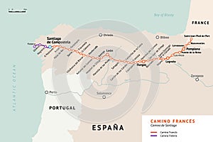 French Way map. Camino De Santiago. France.