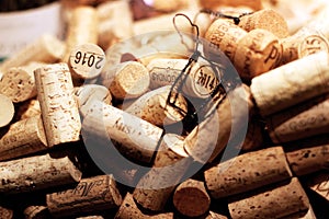 French Wine corks close up background into a wine merchant`s cellar photo