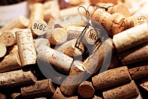 French Wine corks close up background into a wine merchant`s cellar