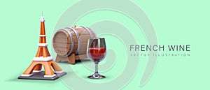 French wine. Wooden barrel on stand, glass of red wine, Eiffel Tower