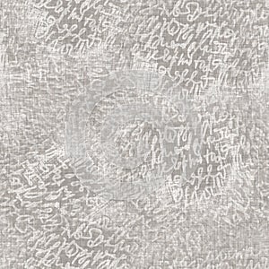 French woven linen texture doodle lettering background. Ecru flax grey scribble text seamless pattern. Rough greige