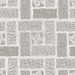 French woven linen texture geometric shape background. Old ecru flax grey geo motif seamless pattern. Rough greige block