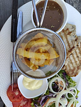 frenchfried, disn, luch, dinner, food, onion, salad, fork photo