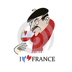 Frenchman drinks wine. Vintage hand drawn postcard, vector illustration