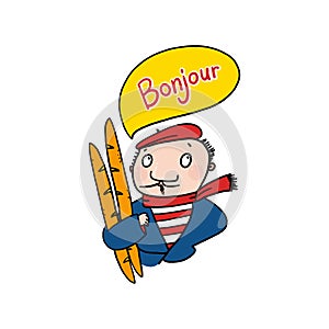 French man wearing red beret hat holding baguettes illustration photo