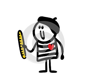 A Frenchman in striped clothes, a beret and a baguette in his hands.