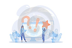 Frequency asked questions and helpdesk illustration. Characters contacting with helpdesk service, asking questions and receiving