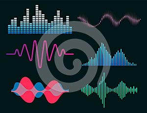 Frequency audio waveform, music wave HUD interface elements, voice graph signal. Vector audio electronic color wave set. Vector