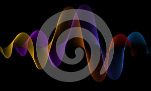 Frequency of the blue, purple,yellow and orange sound wave on a black background. Neon.