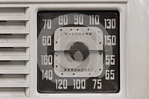 AM Frequency dial on an antique radio from the 40s. AM operates between 540 KHz and 1600 KHz and has a longer range than FM radio