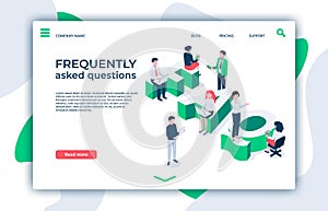 Frequently asked questions. Asking question, ask about and FAQ landing page isometric vector illustration