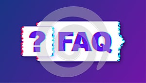 Frequently asked questions FAQ banner. Glitch icon. Computer with question icons. Vector illustration.