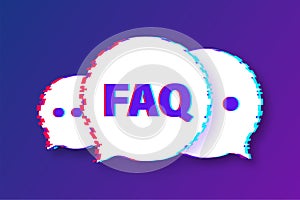 Frequently asked questions FAQ banner. Glitch icon. Computer with question icons. Vector illustration.