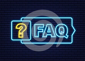 Frequently asked questions FAQ banner. Neon icon. Computer with question icons. Vector illustration.