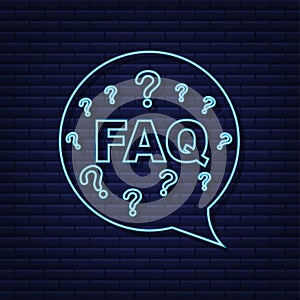 Frequently asked questions FAQ banner. Neon icon. Computer with question icons. Vector illustration.