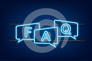 Frequently asked questions FAQ banner. Neon icon. Computer with question icons. Vector illustration