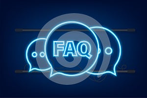 Frequently asked questions FAQ banner. Neon icon. Computer with question icons. Vector illustration