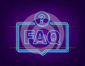 Frequently asked questions FAQ banner. Neon icon. Computer with question icons. Vector illustration