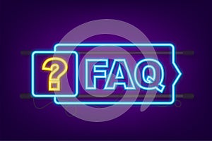 Frequently asked questions FAQ banner. Neon icon. Computer with question icons. Vector illustration