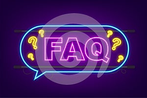 Frequently asked questions FAQ banner. Neon icon. Computer with question icons. Vector illustration.