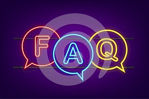 Frequently asked questions FAQ banner. Neon icon. Vector stock illustration