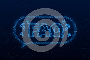 Frequently asked questions FAQ banner. Plexus icon. Computer with question icons. Vector illustration.