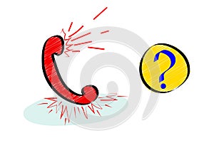 Frequently asking questions or hotline icon with red handset in doodle style.