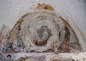 Fresco of Christ, the Virgin and John the Baptist in La Chiesa Di Lama D& x27;Antico, Parco Rupestre Lama D`Antico photo