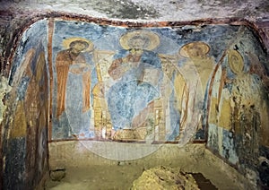 Fresco of Christ, the Virgin and John the Baptist in La Chiesa di San Lorenzo, Parco Rupestre Lama D`Antico photo