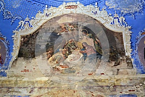 Fresco `Christmas` on a wall of church of the Fedorovsky icon of the Mother of God. Uglich, Yaroslavl region