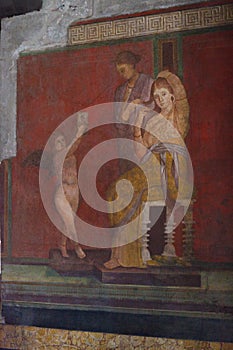 Fresco covers walls of villa of the mysteries in Pompeii (Pompei