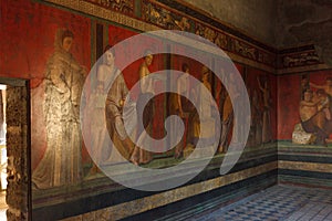 Fresco covers walls of villa of the mysteries in Pompeii (Pompei