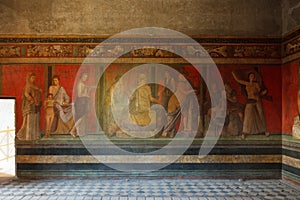 Fresco covers walls of villa of the mysteries in Pompeii (Pompei