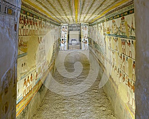 Fresco decorated passageway leading to shrine with remains statues Menna and Henut-Tawy in Theban Tomb No. 69.