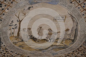 Fresco detail, scene with Latin inscription, Pinta Vault, Palazzo dei Priori, Assisi, Italy