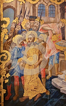 Fresco of Jesus brought before Pontius Pilate in Church of the Holy Sepulchre, Jerusalem