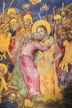 Fresco of Judas betraying Jesus with a kiss in Church of the Holy Sepulchre, Jerusalem