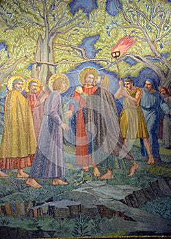 Fresco of Judas Iscariot kissing Jesus  in Church of All Nations