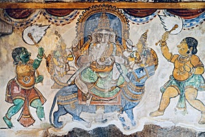 Fresco/mural paintings in ancient Brihadeeswarar temple in Thanjavur, Tamilnadu.