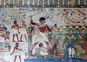 Fresco with Nacht and his family boomeranging for fowl in his tomb TT52 in the Theban Necropolis in Luxor, Egypt.